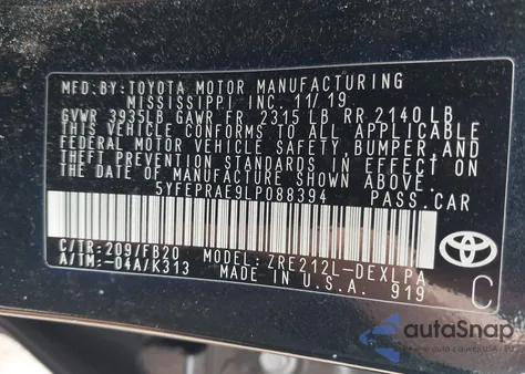 2020 Toyota Corolla Le z USA, uszkodzony, nr VIN 5YFEPRAE9LP088394